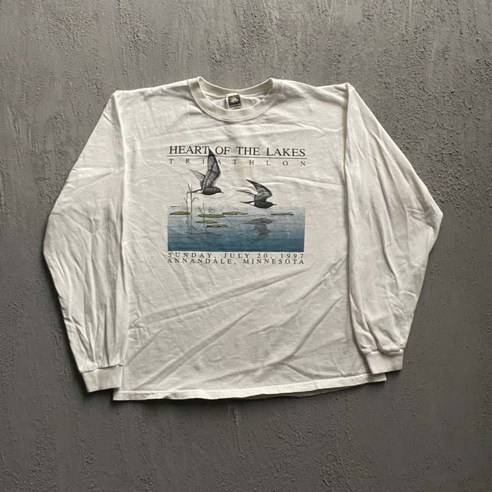 Vintage Heart of the Lakes Triathlon Shirt Mens Large White 90s long sleeve